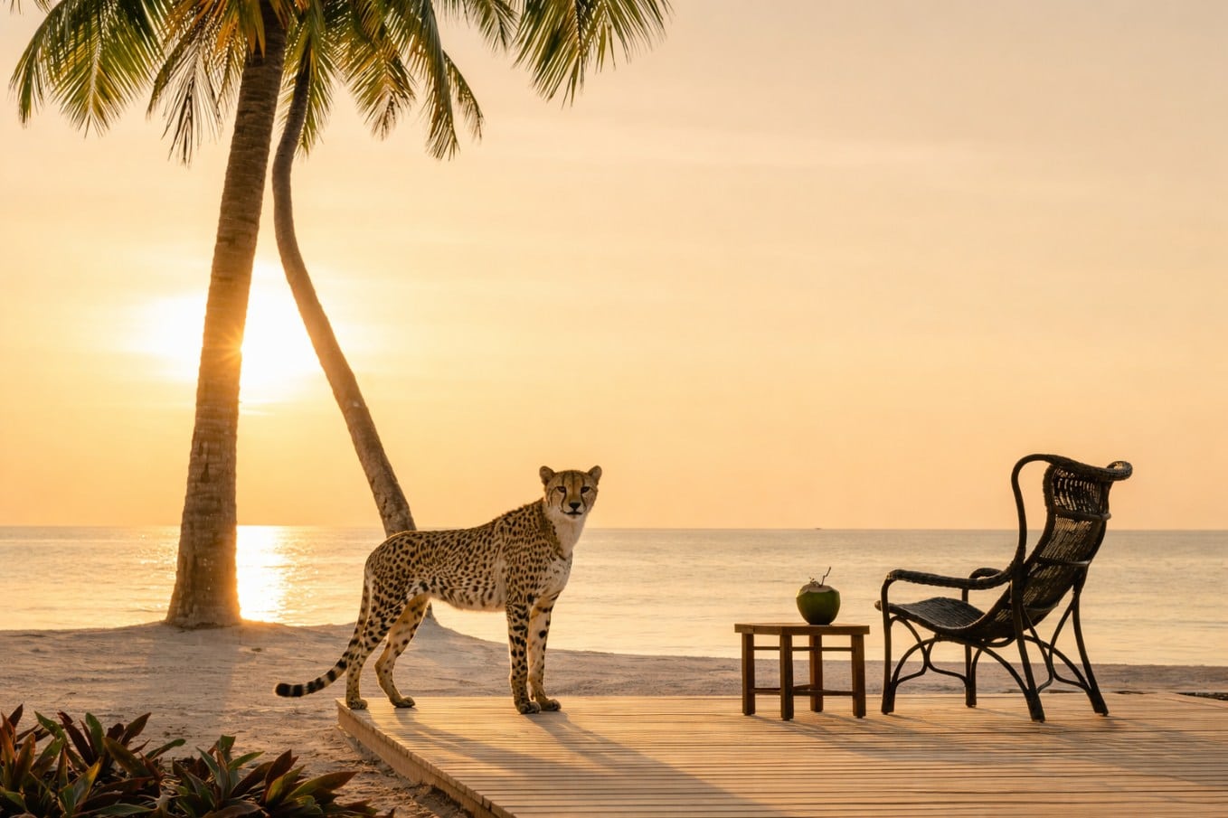 Met behulp van AI gemaakte foto van een cheetah op het strand van Nosy Komba tegen een achtergrond van de ondergaande zon