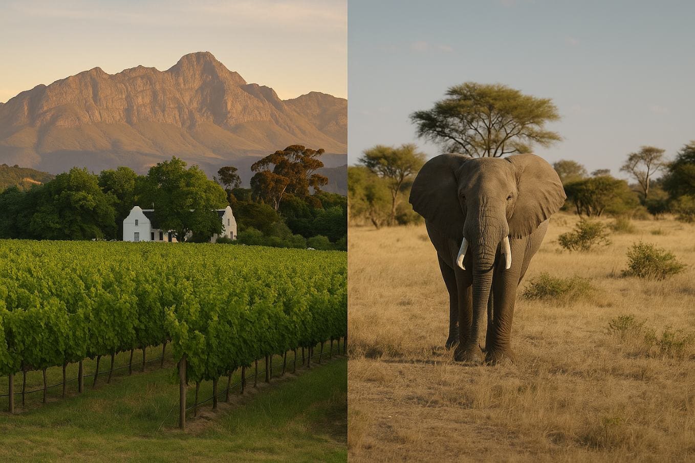 Gecombineerde foto van Kaapse wijnlanden en een olifant
